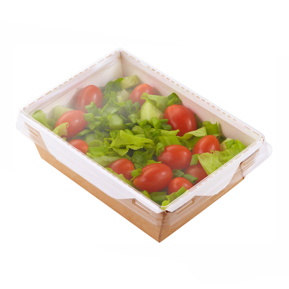 Контейнер бумажный 400 мл 145х95х45 прямоуг крафт белый с пластиковой крышкой Пактон